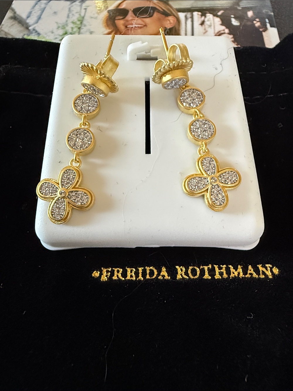 Freida Rothman Sterling Silver Gold Pave Flower Drop Earrings FR Stamped 925